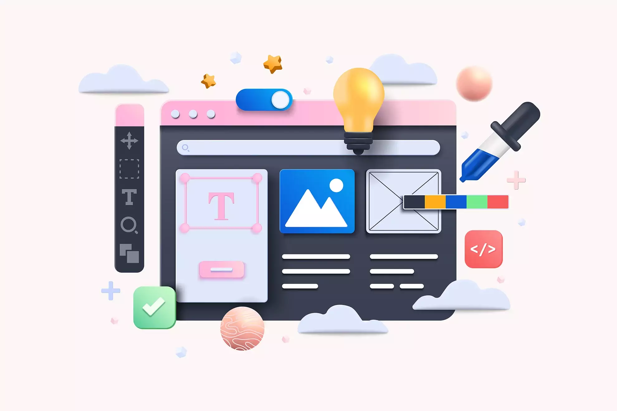 website ad form Illustration of a web design interface with tools like text, image, color picker, and code editor surrounded by decorative elements like clouds, stars, a light bulb, and SEO icons for an optimized website.